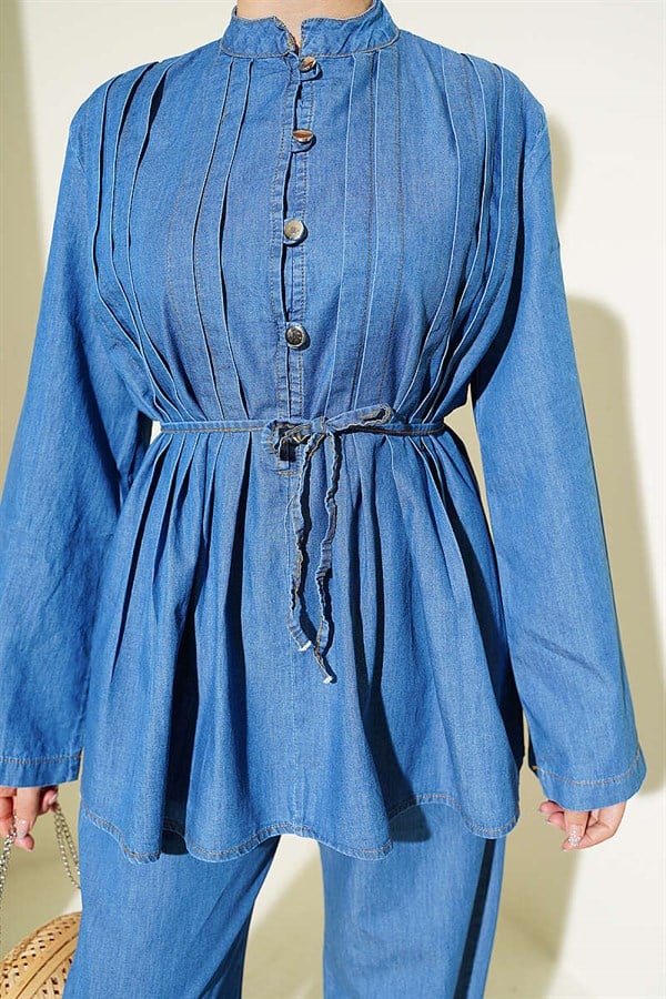 British Buttoned Ribbed Denim 2 Piece Set, Denim Blue