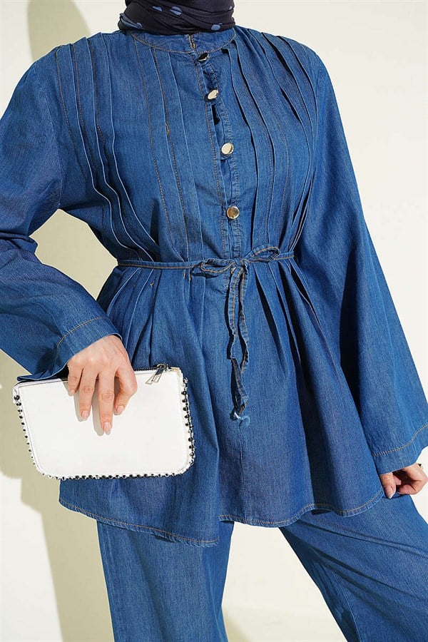 British Buttoned Ribbed Denim 2 Piece Set