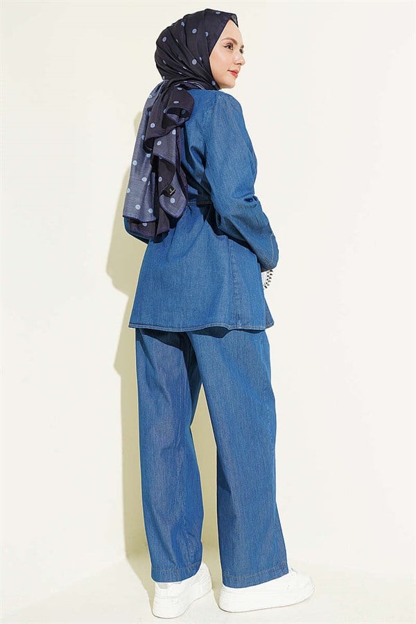 British Buttoned Ribbed Denim 2 Piece Set