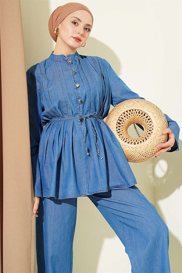 British Buttoned Ribbed Denim 2 Piece Set, Denim Blue