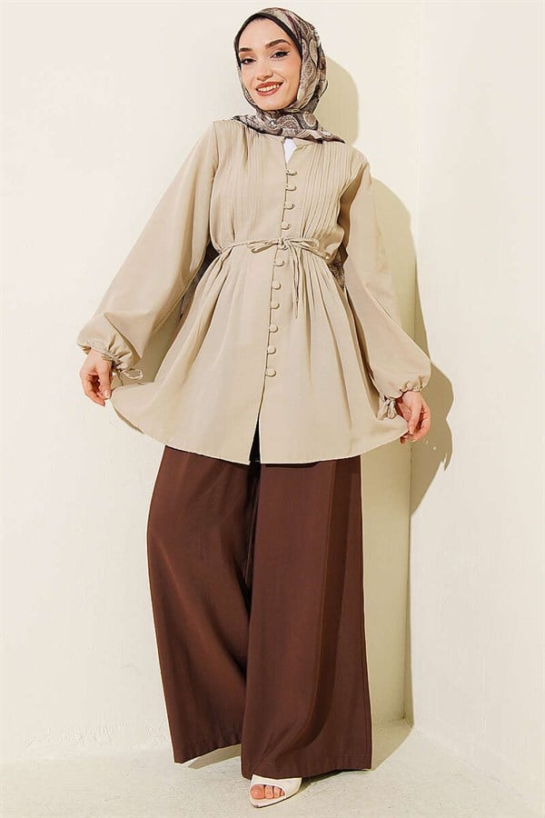 British Buttoned Ribbed Tunic Beige