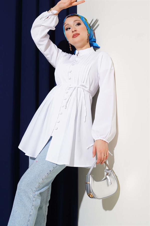 Brit Buttoned Ribbed Tunic White