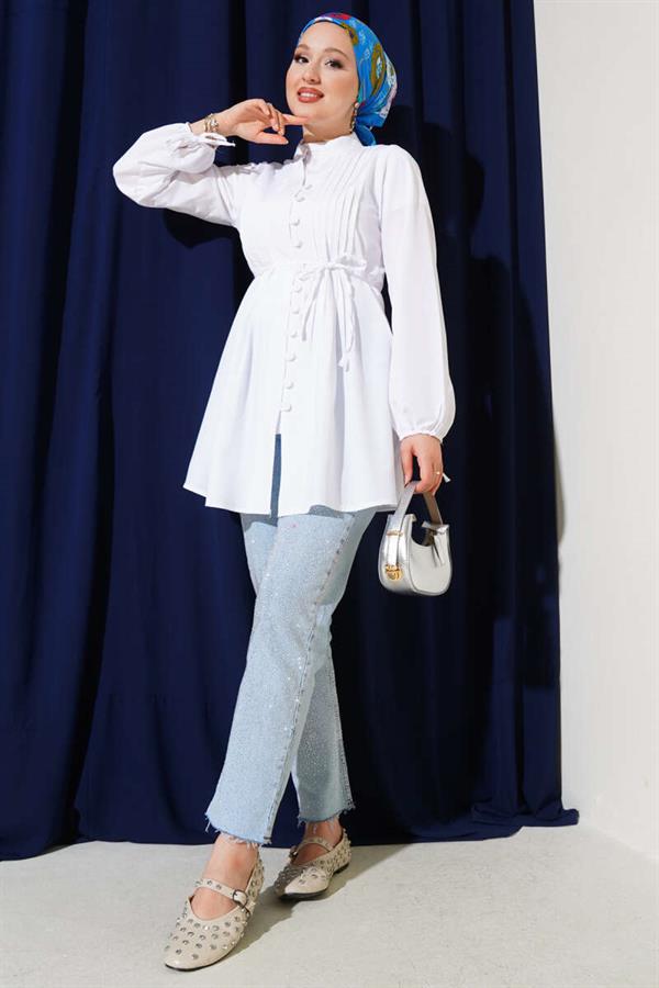 Brit Buttoned Ribbed Tunic White