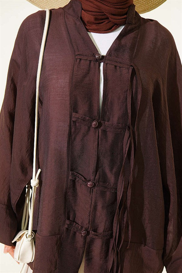 British Buttoned Oversize Kimono in Brown