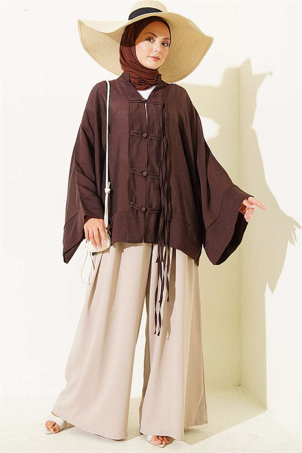 British Buttoned Oversize Kimono in Brown