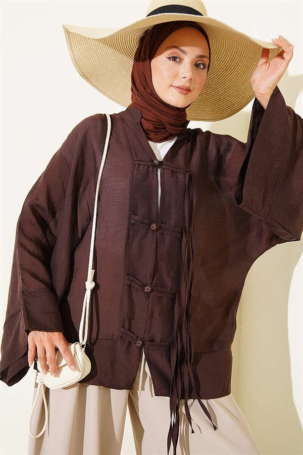 British Buttoned Oversize Kimono in Brown