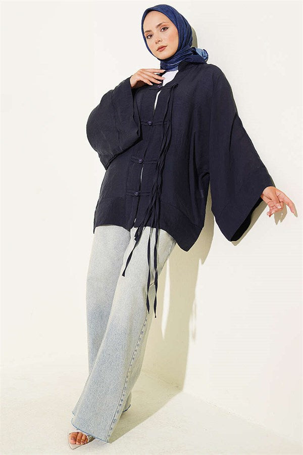 British Buttoned Oversize Kimono Navy Blue
