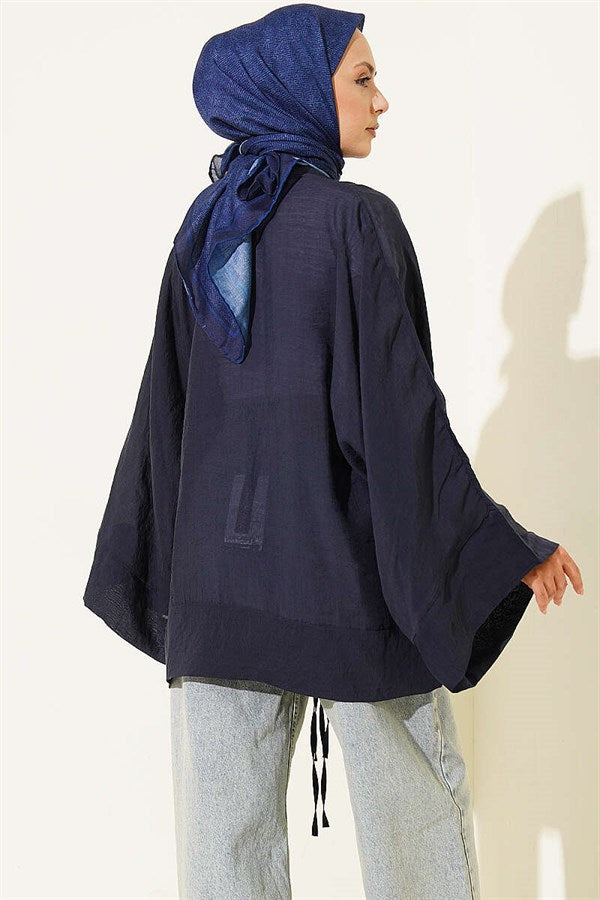 British Buttoned Oversize Kimono Navy Blue