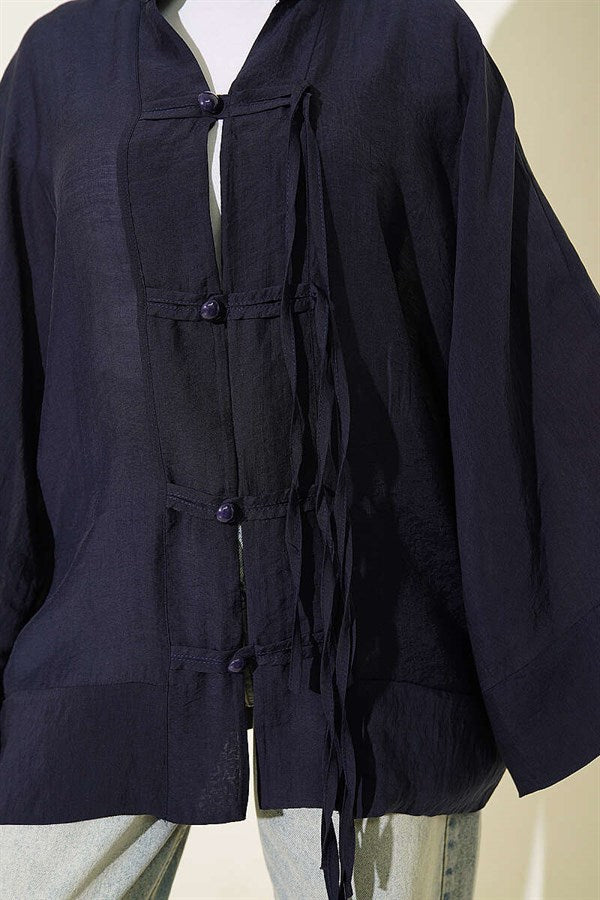 British Buttoned Oversize Kimono Navy Blue