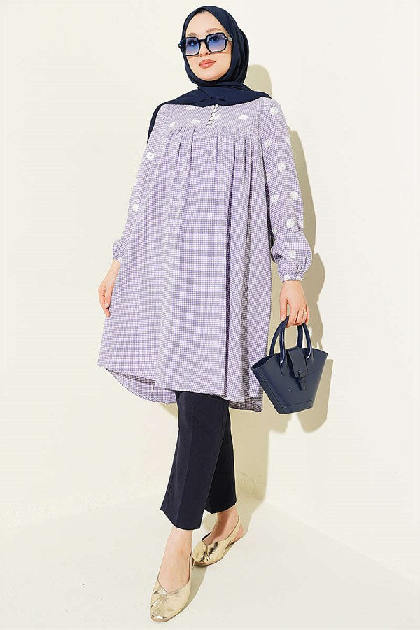 British Buttoned Gingham Tunic Lilac