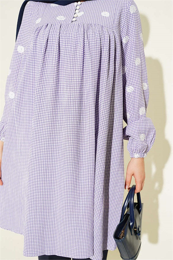 British Buttoned Gingham Tunic Lilac