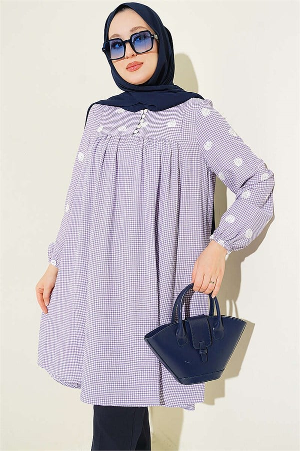 British Buttoned Gingham Tunic Lilac