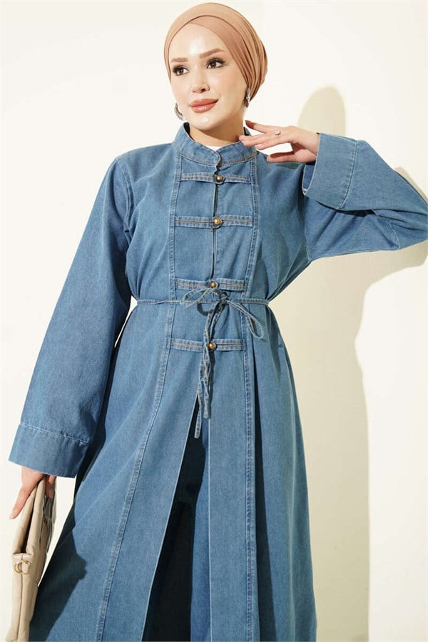 British Buttoned Long Denim 2 Piece Set, Light Blue