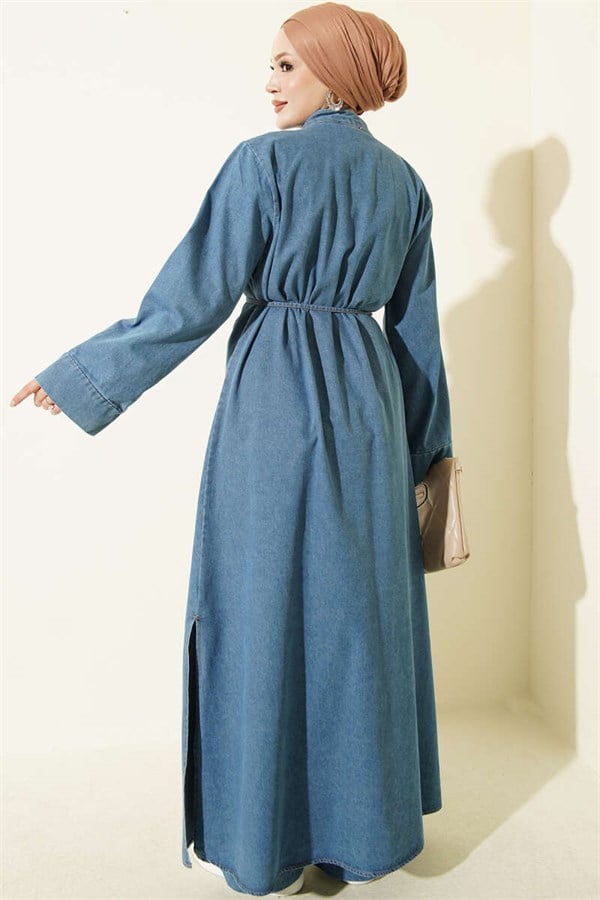 British Buttoned Long Denim 2 Piece Set, Light Blue