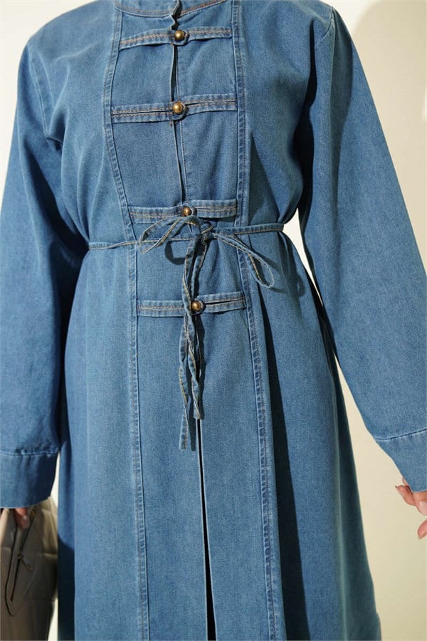 British Buttoned Long Denim 2 Piece Set, Light Blue