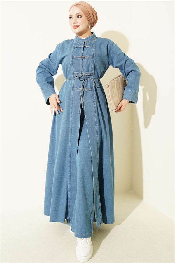 British Buttoned Long Denim 2 Piece Set, Light Blue