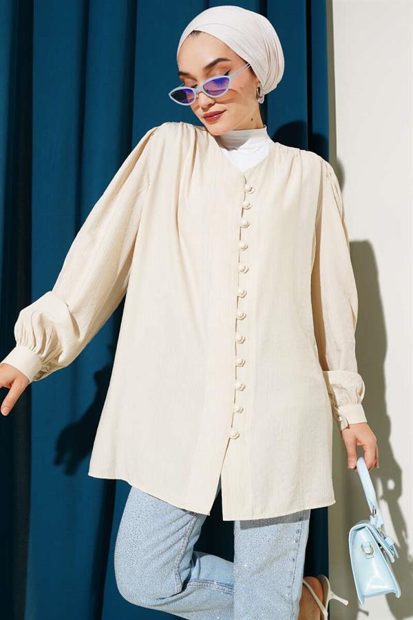 British Button-Down V-Neck Shirt Beige