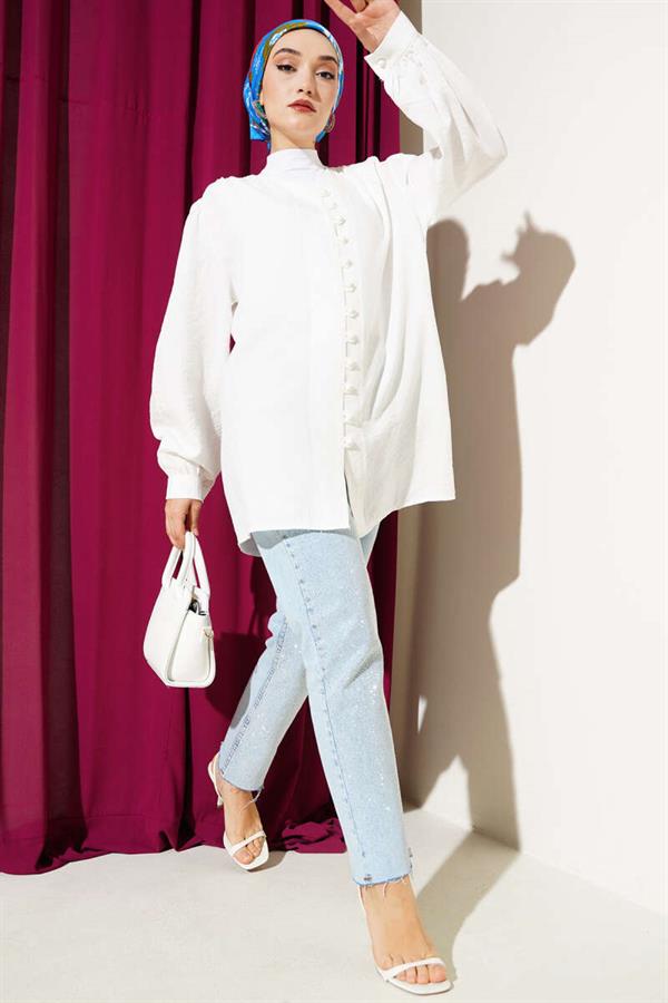 British Button-Down V-Neck Shirt White