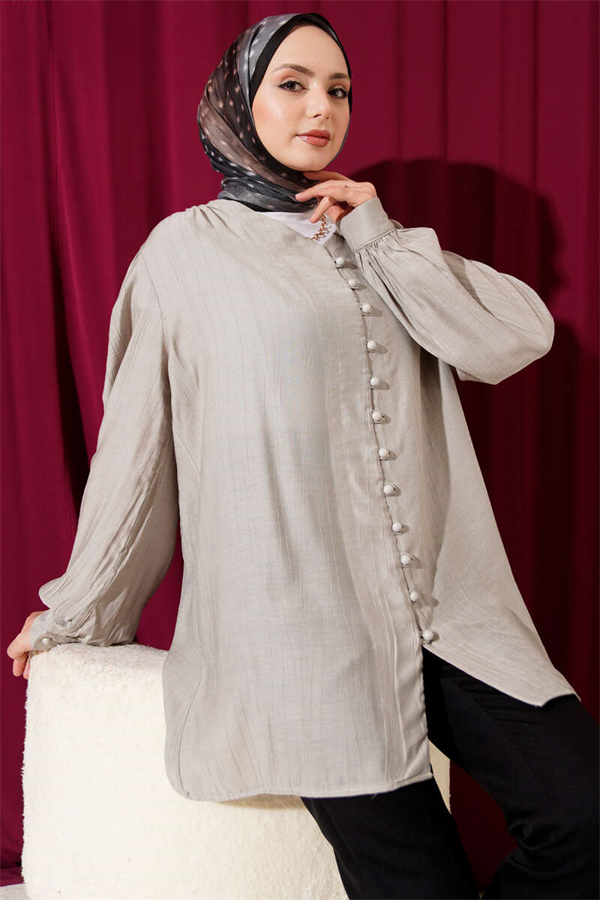 British Button-Down V-Neck Shirt Grey