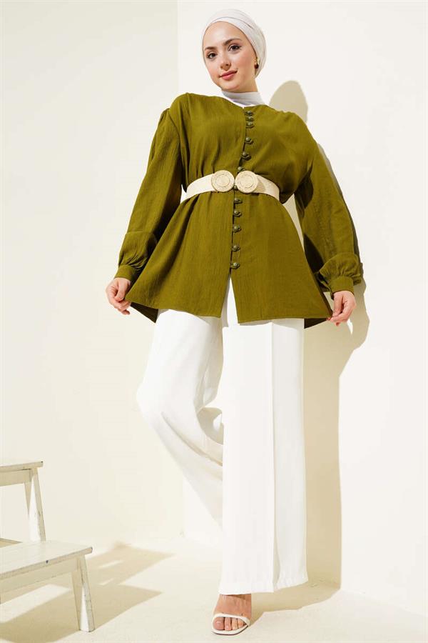 Brit Button V Neck Shirt Khaki