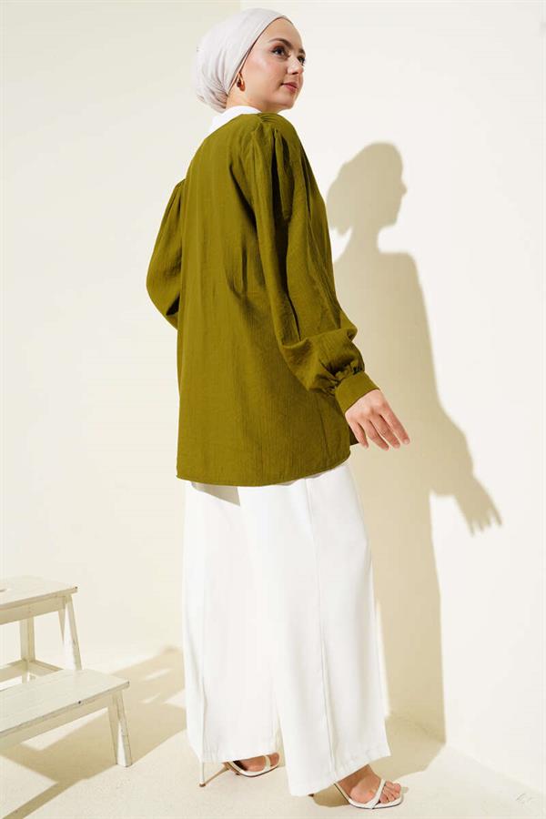Brit Button V Neck Shirt Khaki
