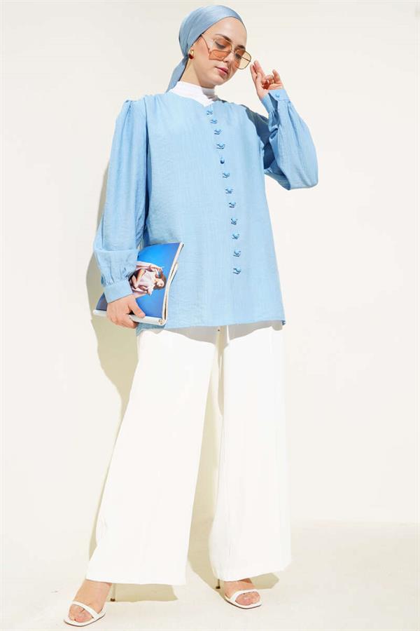 Brit Button V Neck Shirt Blue
