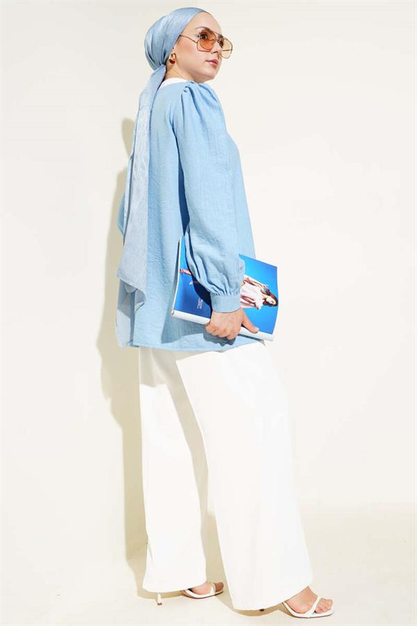 Brit Button V Neck Shirt Blue