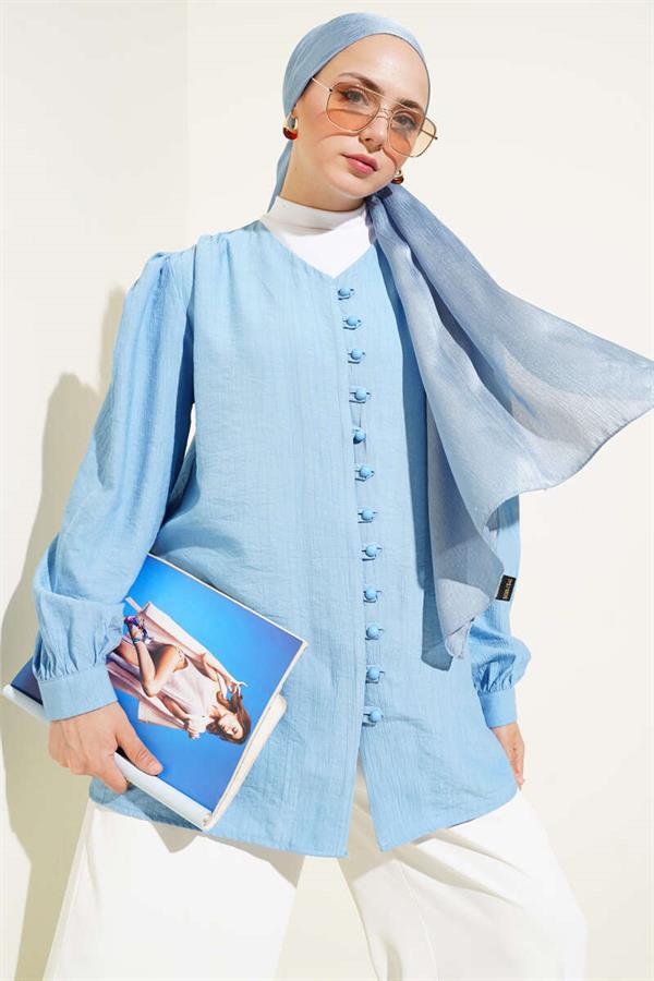 Brit Button V Neck Shirt Blue