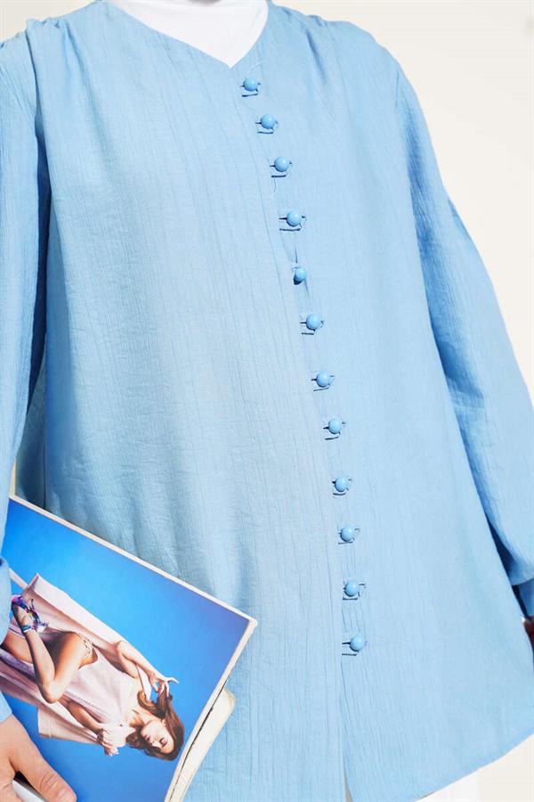 Brit Button V Neck Shirt Blue
