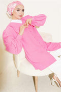 Brit Button V Neck Shirt Pink