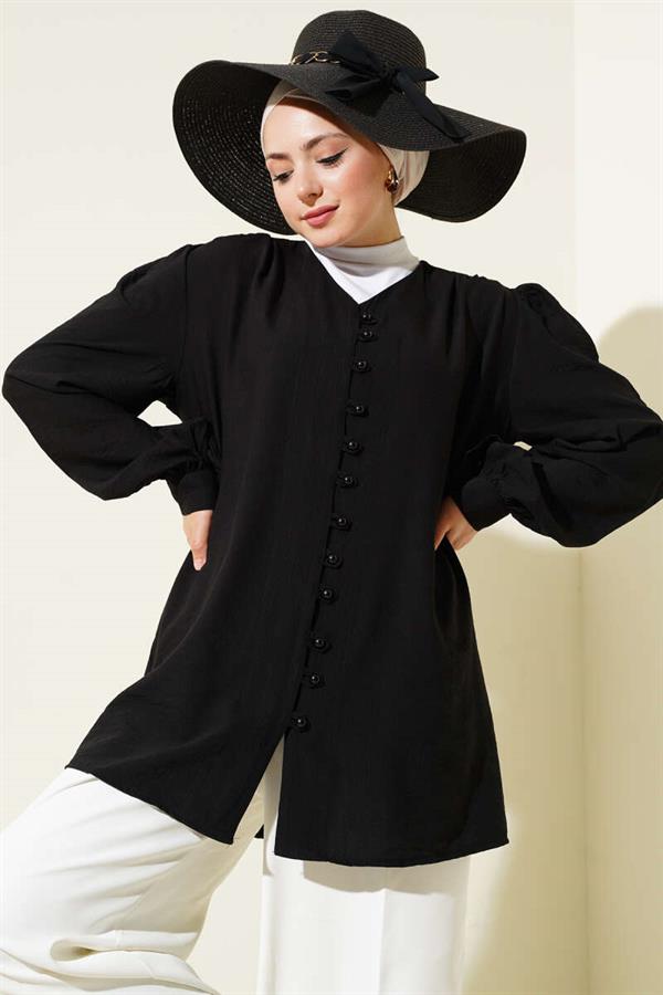 Brit Button V Neck Shirt Black