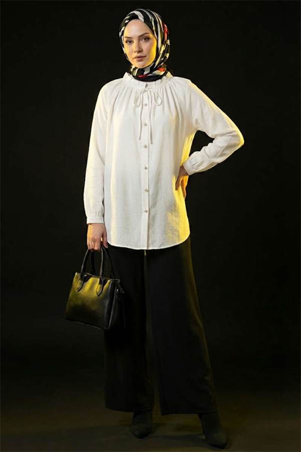 British Button-Down Collar Lace-Up Tunic White