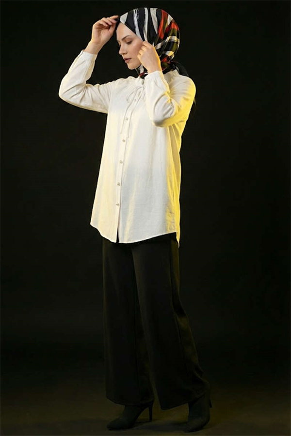 British Button-Down Collar Lace-Up Tunic White