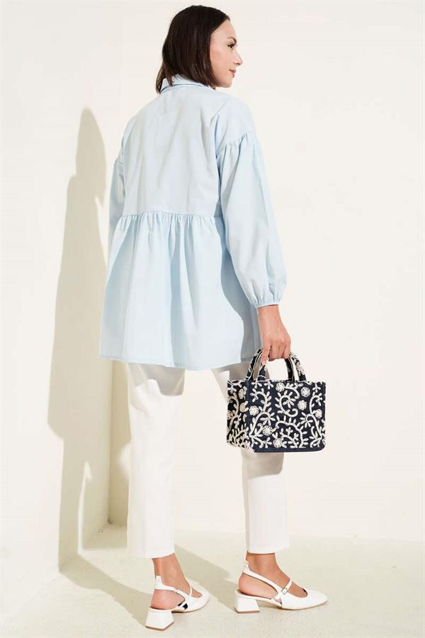 Brit Bow Button Detail Shirt Blue