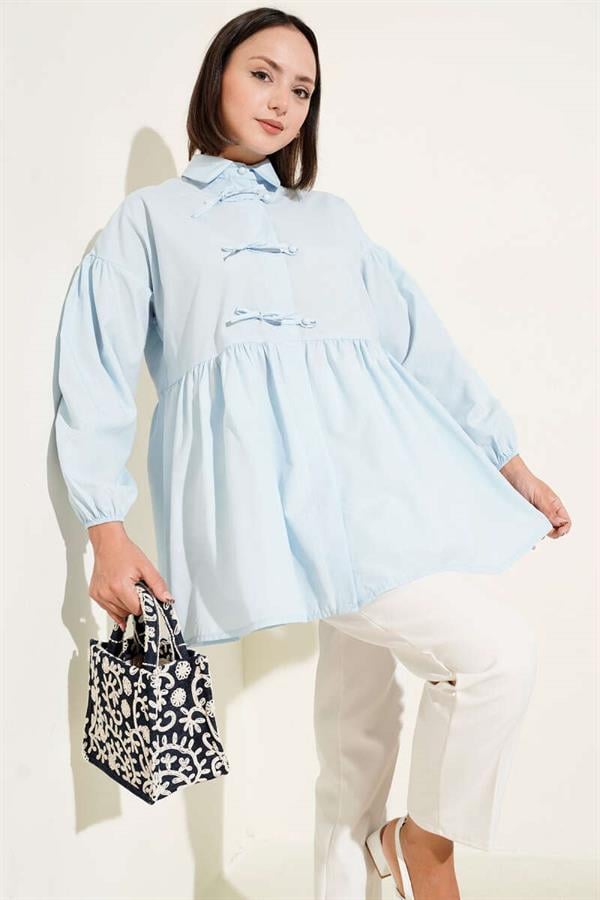 Brit Bow Button Detail Shirt Blue