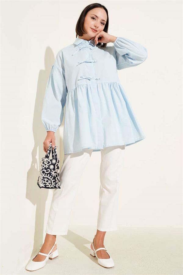 Brit Bow Button Detail Shirt Blue