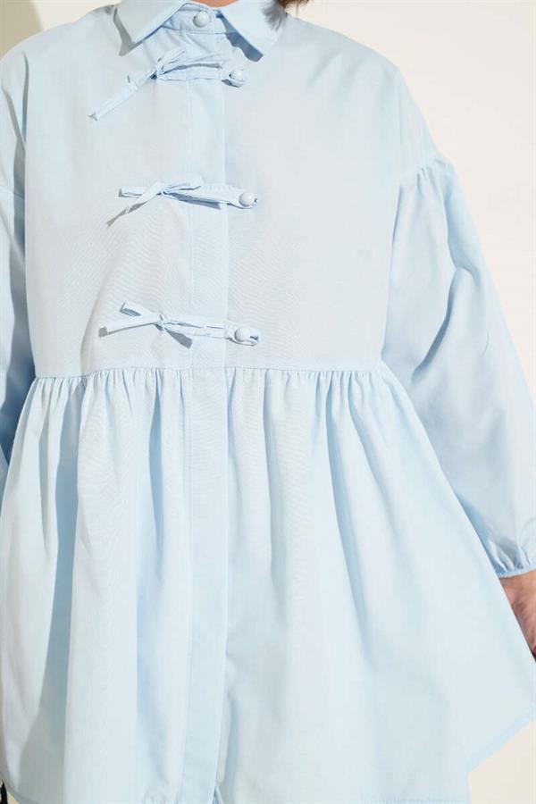 Brit Bow Button Detail Shirt Blue
