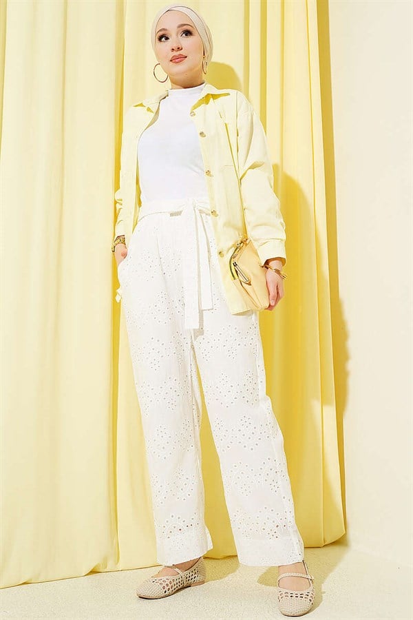 Embroidered Belted Trousers, Ecru