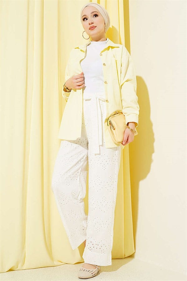 Embroidered Belted Trousers, Ecru