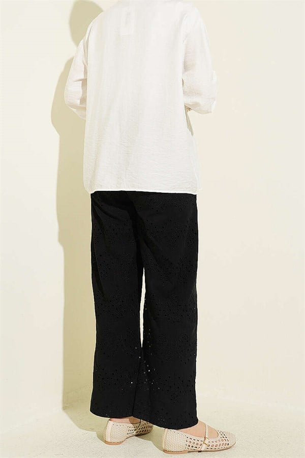 Embroidered Belted Trousers, Black