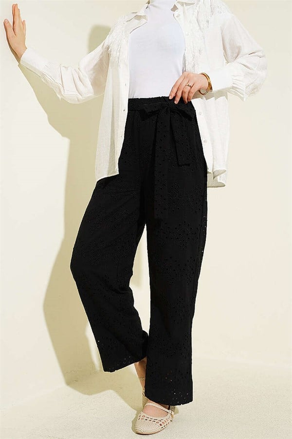 Embroidered Belted Trousers, Black