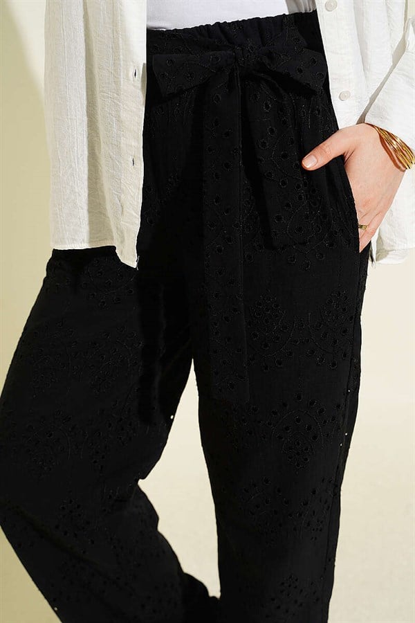 Embroidered Belted Trousers, Black