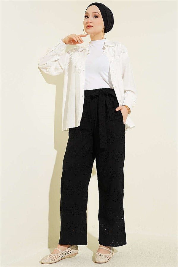 Embroidered Belted Trousers, Black