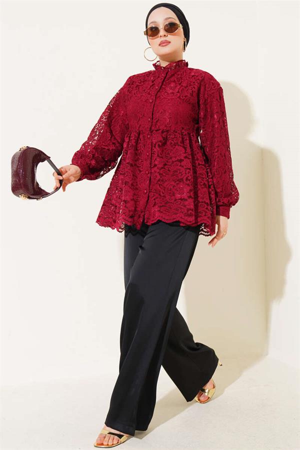 Embroidered Button Front Shirt Claret Red