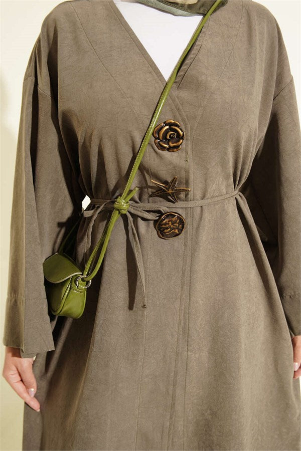 Brooch Detailed Drawstring Hooded Coat, Khaki