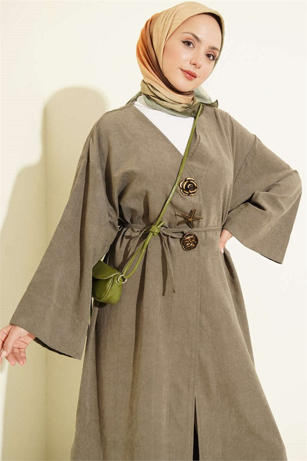 Brooch Detailed Drawstring Hooded Coat, Khaki