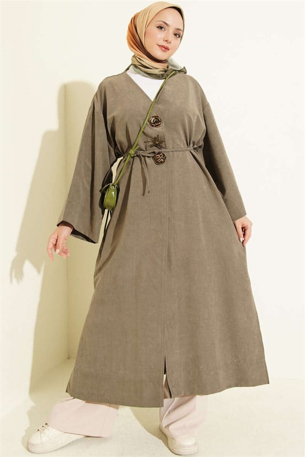 Brooch Detailed Drawstring Hooded Coat, Khaki