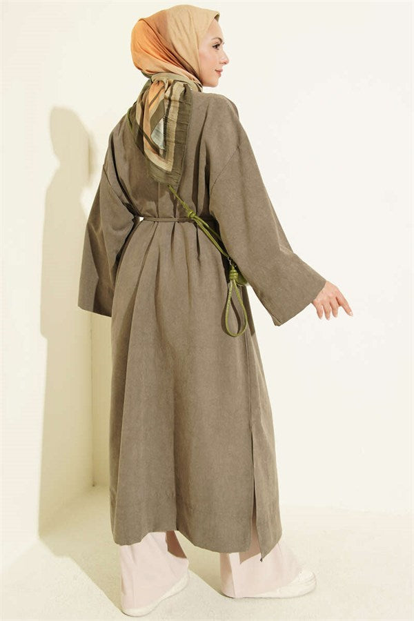 Brooch Detailed Drawstring Hooded Coat, Khaki