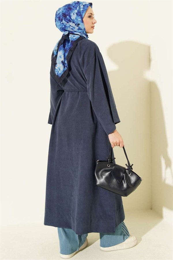 Navy Blue Coat with Brooch Detail and Drawstring