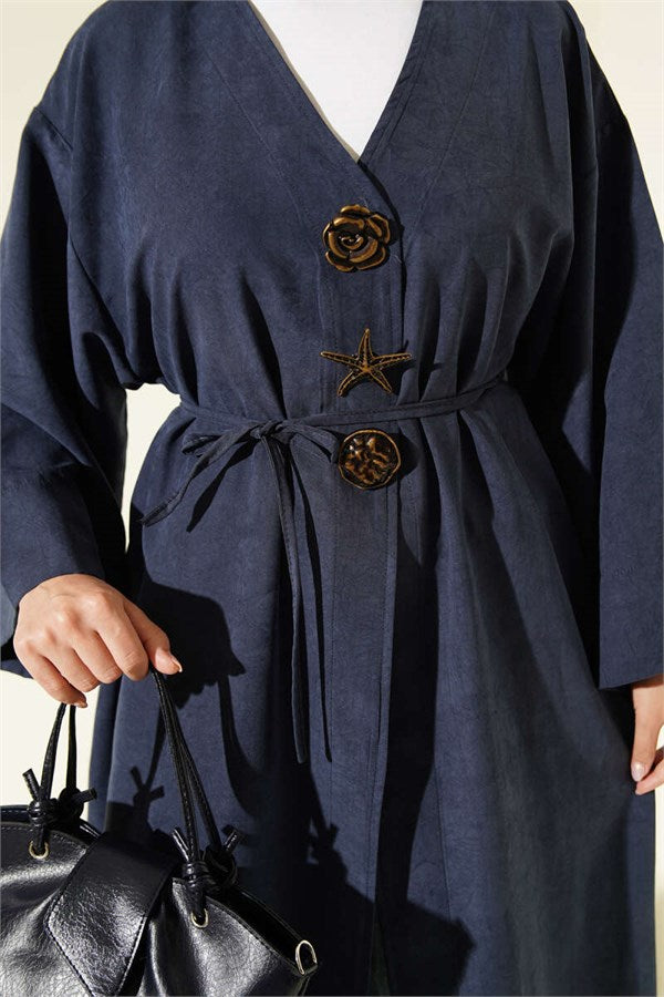 Navy Blue Coat with Brooch Detail and Drawstring